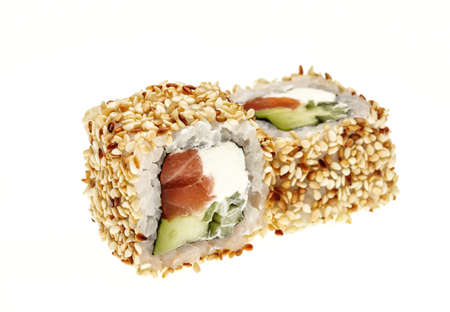 Alaska roll, sushi with cream cheese, avocado, crab meat and cucumber sprinkled with roasted sesame...