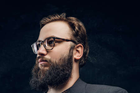 Close-up portrait of a smart bearded man in glasses in a dark studioの写真素材
