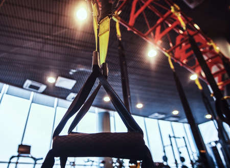 Interior and equipment in the modern gym, close-up view of suspension straps. Sport, fitness,...