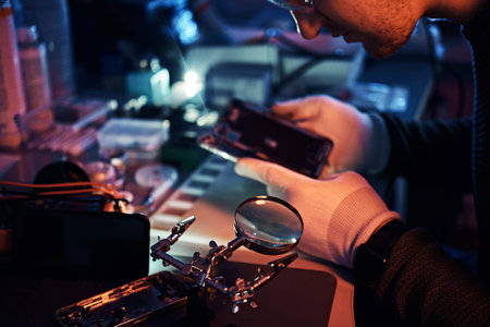 The technician carefully examines the integrity of the internal elements of the smartphone in a modern repair shopの写真素材