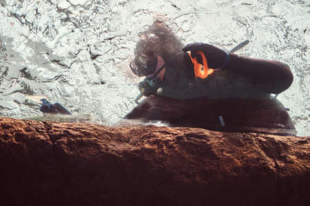 Bottom view of a diver floating near the surface of the water next to the rocky shore