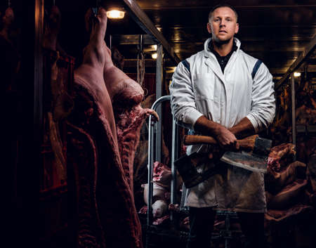 The butcher in workwear posing with two axes in a refrigerated warehouse in the midst of meat carcassesの写真素材