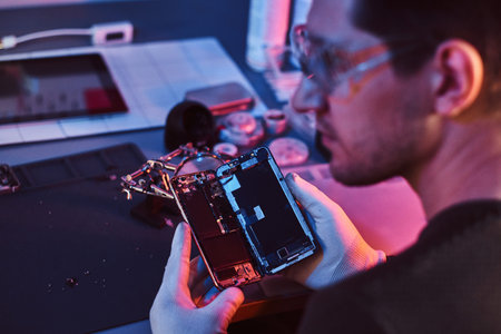 The technician in goggles holding a damaged smartphone, looking sideways in a modern repair shop....