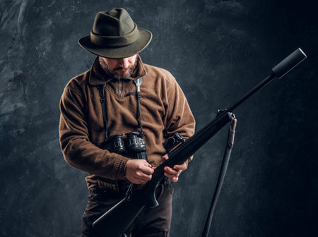 Opening of the spring hunting season. Hunter ready to hunt and charging a hunting rifle. Studio...