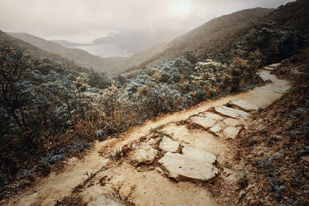 Stone path with beautiful view and green forests around. There are cloudly and foggy.