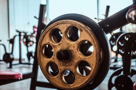 Closeup photo shoot of training apparatus in sunny gym.