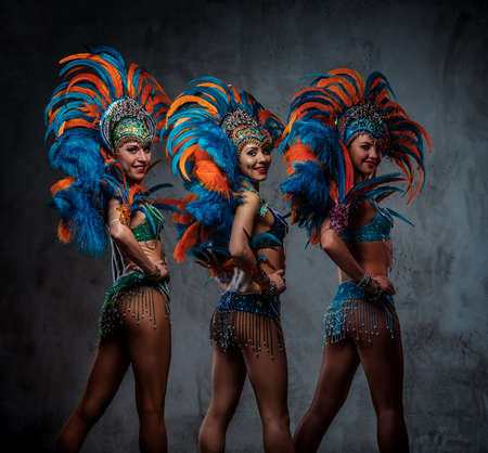 Studio portrait of a group professional dancers female in colorful sumptuous carnival feather suits. Isolated on a dark background.の写真素材