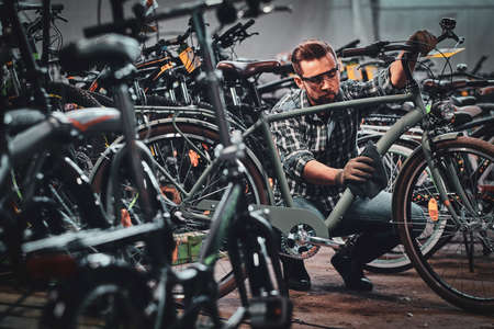 Busy attractive man in protective glasses is cleaning one of bicycle from dust.の写真素材