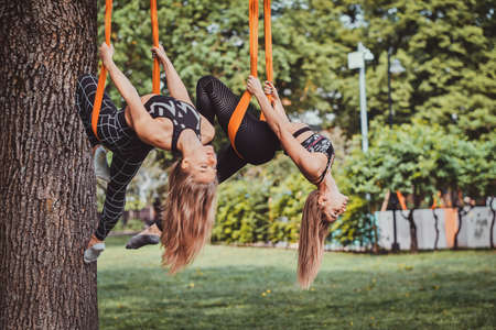 Couple of young sportive womans is doing exercises upside down under big tree in the green park.の写真素材
