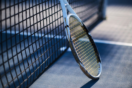Tennis racquet is standing near tennis net outside at bright sunny day.の写真素材