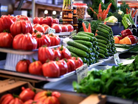 Appetising variety of vegetables on the counter, fresh tomatoes, cucumber, salad, peppers, carrots.の写真素材
