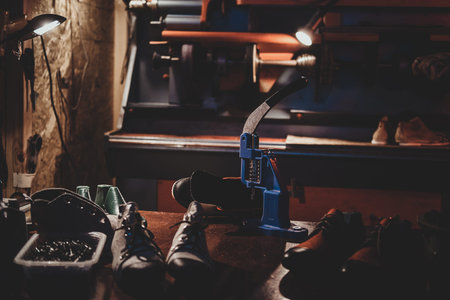 Machine tool on the table with shoes for making holes for laces at cobblers workshop.