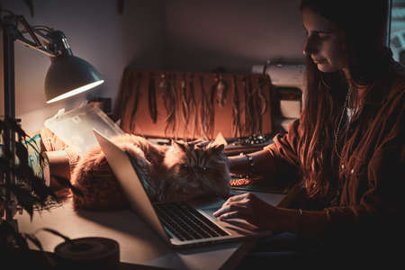 Young student is working on computer while her cat is sitting on the table.
