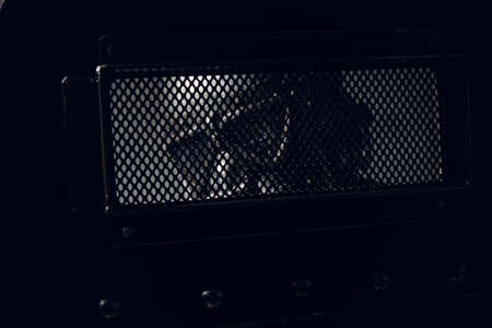 Scary metal cyborg is looking through small grid window