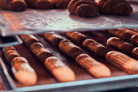Fresh cookies with chocolate are ready to be removed from the oven at bakery shop.