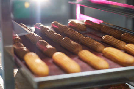 Fresh cookies with chocolate are ready to be removed from the oven at bakery shop.
