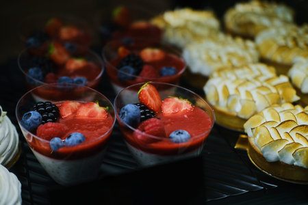 Great variety of fresh baked cakes at good traditional bakery on the city street.の写真素材