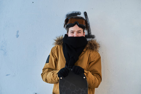 Pensive teen with snowboard in hands is posing for photographer at winter day.