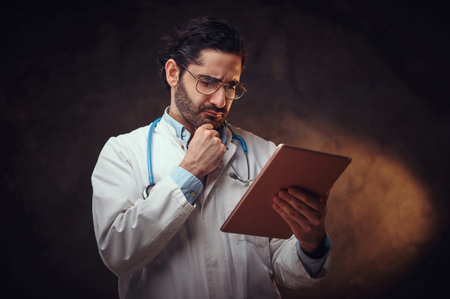 Serious sceptial doctor in glasses is looking on the tablet with diagnosis.