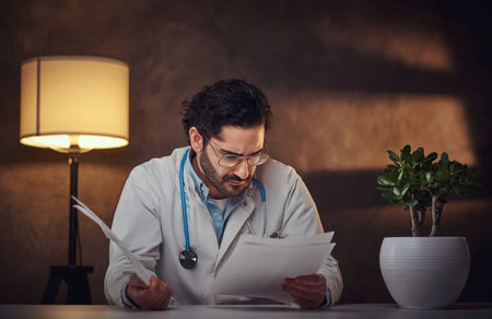 At the night shift young tired doctor is working with paperworks at his office.の写真素材