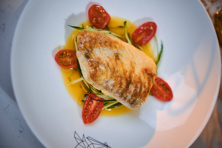 Delicious fillet of grilled and oven baked codfish or coalfish served with thin sliced vegetables and oil sauce, on a white porcelain dish next to golden candles in a warm light of a restaurant, close up view from the topの写真素材