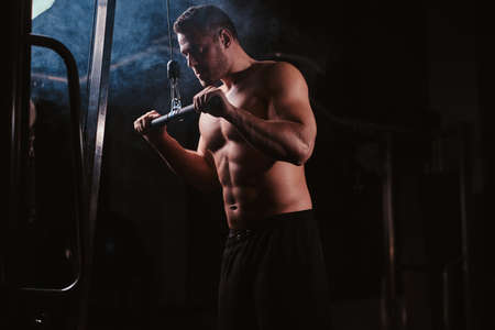 Strong shirtless male athlete concentrated on an excersise on a hand pull machine, pumping up his triceps in a dark gym surrounded by smokeの写真素材