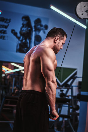 Shirtless athlete doing excersise on triceps with hand pull machine in a modern gym, view for the...