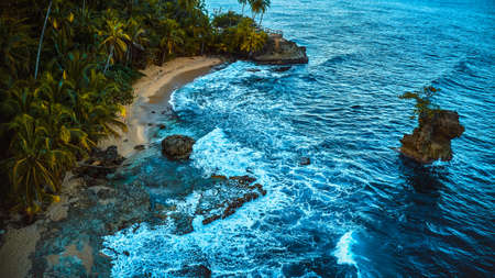 Aerial drone photo of a blue tropical lagoon surrounded by white sand of an exotic beach and palm trees. View from the topの写真素材