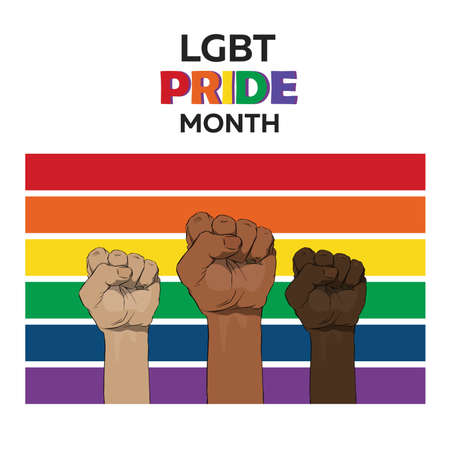 Raised fists of people with different skin colors on a rainbow colors background. Sticker, patch, t-shirt print, logo designのイラスト素材