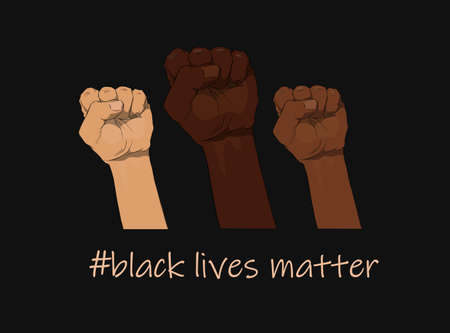 Raised fists of people with different skin colors on a black background. Sticker, patch, t-shirt...
