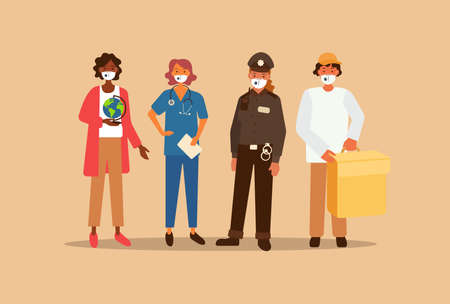 People of different professions are must wear masks and protect their health. Municipal people are...
