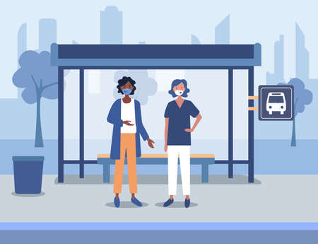 People are protecting their health by using masks. Safety method of movement in the city. People with masks at bus stop.のイラスト素材