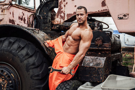 Strong man with naked torse posing with stationary old vehicle on the background. Brutal bodybuilder...