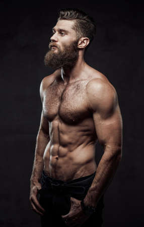 Cool and haired shirtless man with beard and moustache in pants posing with hands in pockets in dark background.の写真素材