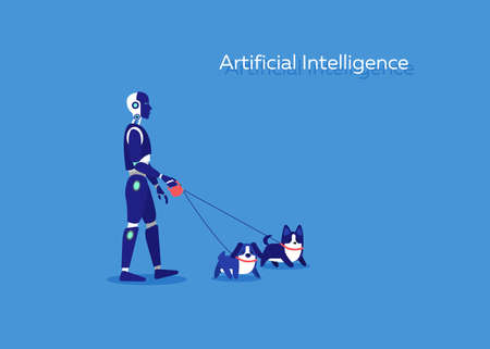 Smart cyborg with artificial intelligence supporting with walking dogs in dark background. Vector graphic art.のイラスト素材
