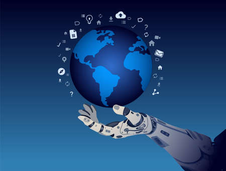 Illustration of futuristic hand of cyborg it holds a planet with media icons around in dark blue background.のイラスト素材