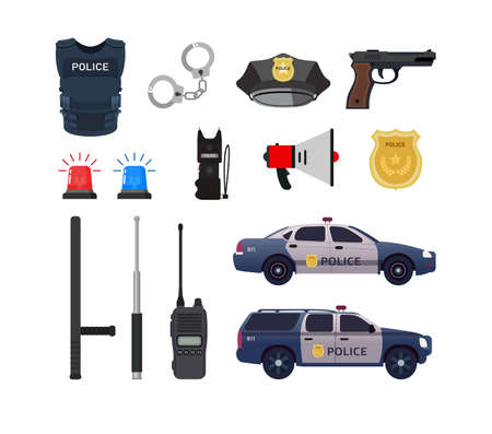 Clipart icons of all main and important items and equipment with vehicles of professional policeman in white background.のイラスト素材