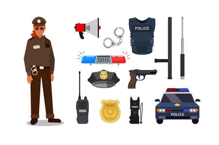 Clipart icons of main and important personal equipment of female officer in white background.のイラスト素材