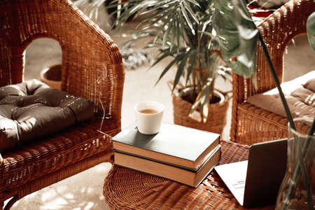 Warm and soft apartment in daytime and coffee cup with book on table around bamboo chairs and plants.の写真素材