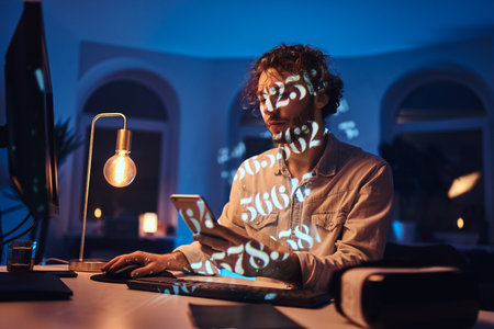 Bearded caucasian worker with curly hairs sits at table looking at his telephone in dark room with lights.の写真素材