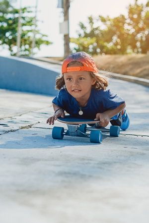 Emotional sportive kid with baseball cap lying on skateboard rides through the road outside. Extreme sports and children.の写真素材