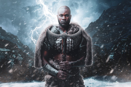 Proud viking with black skin holding his axe in stormy mountains