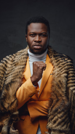 Stylish black hipster with fur posing in dark backgroundの写真素材