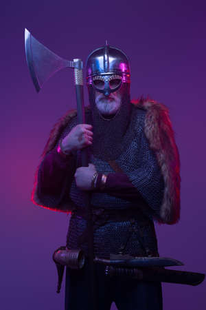 Front view studio shot of ancient viking warrior