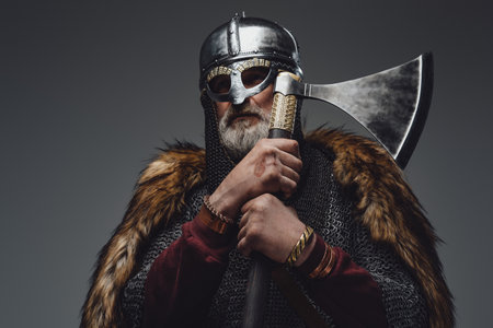 Old age scandinavian warrior with axe and mailの写真素材