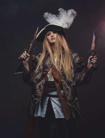 Corsair blond with guns against dark background
