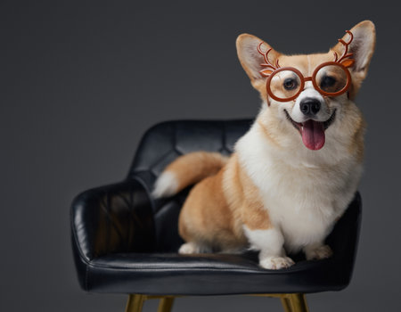 Cheerful doggy with eyewear sitting on leather chairの写真素材