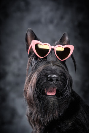 Pedigreed black scotch terrier doggy against dark backgroundの写真素材