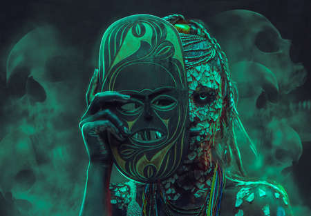 Close-up portrait of an African shaman female from the indigenous African tribe, wearing traditional costume. Make-up concept.の写真素材