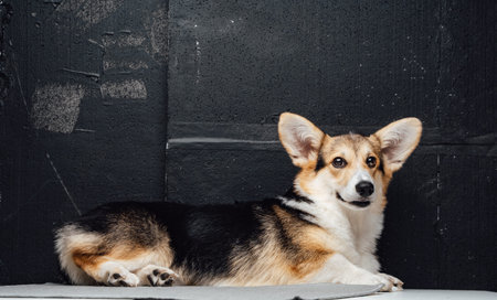 Cute corgi puppy lying on white table against dark wallの写真素材